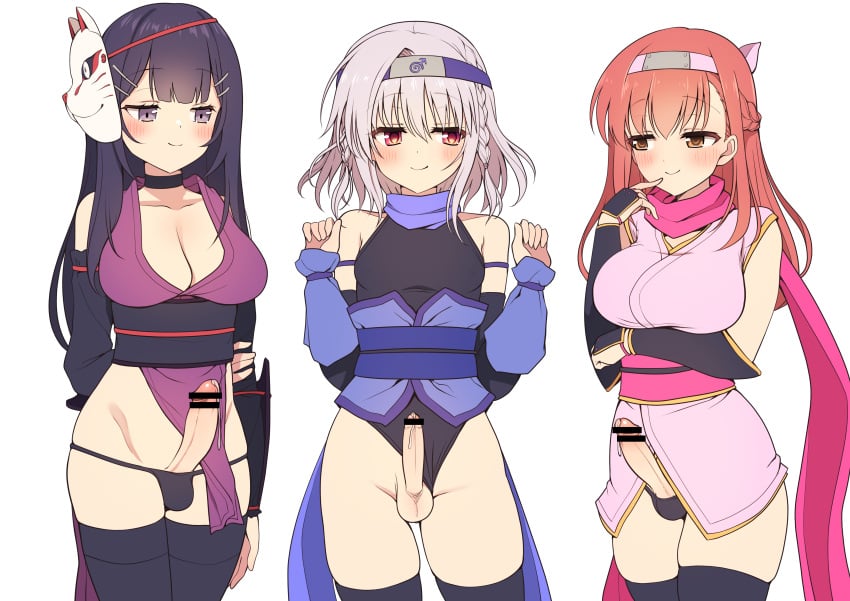 1boy 2girls absurdres asuka_minato bar_censor black_choker black_leotard black_panties black_sleeves black_thighhighs blush breasts brown_eyes bulge censored character_request check_character choker cleavage closed_mouth clothing_aside commission cowboy_shot crossdressing detached_sleeves erection forehead_protector futanari grey_hair hair_between_eyes hair_ornament hairclip highres hokuro_ryuuseigun japanese_clothes kimono large_breasts leotard leotard_aside long_hair mask mask_on_head medium_hair mouth_mask multiple_boys multiple_girls ninja ninja_(tera_online) ninja_mask orange_hair otoko_no_ko otome_domain panties pelvic_curtain pink_scarf pixiv_commission precum precum_string purple_eyes purple_hair purple_scarf red_eyes scarf short_kimono simple_background smile testicles thighhighs underwear watashi_no_hatsukoi_wa_hazukashisugite_dare_ni_mo_ienai white_background yasumi_kaede