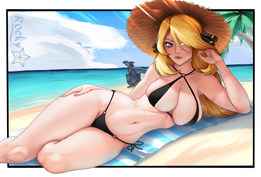 artist_name beach beach_towel bikini black_bikini blonde_hair blue_sky breasts cleavage closed_mouth cloud cynthia_(pokemon) day elbow_rest female garchomp gen_4_pokemon grey_eyes hair_ornament hair_over_one_eye hat highres large_breasts lips looking_at_viewer lying navel nintendo ocean on_side outdoors palm_tree pokemon pokemon_(creature) pokemon_dppt r0ckystar sky solo_focus stomach straw_hat swimsuit thighs towel tree