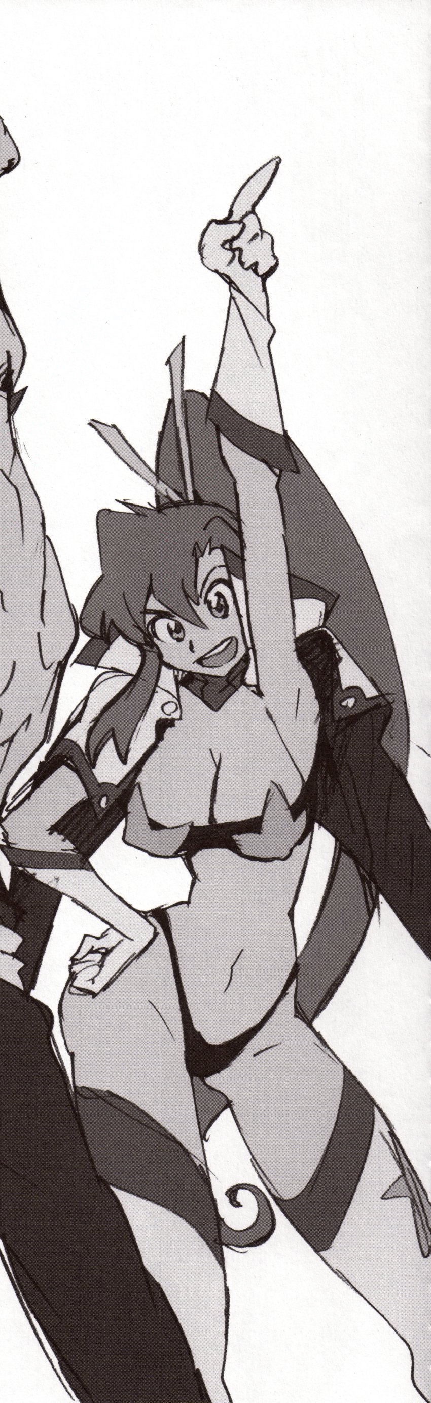 1girls 2000s absurdres breasts breasts cleavage cropped curvy edited gloves greyscale highres huge_breasts large_breasts monochrome official_art pointing ponytail smile space_yoko tengen_toppa_gurren_lagann thighs thong wide_hips yoko_littner