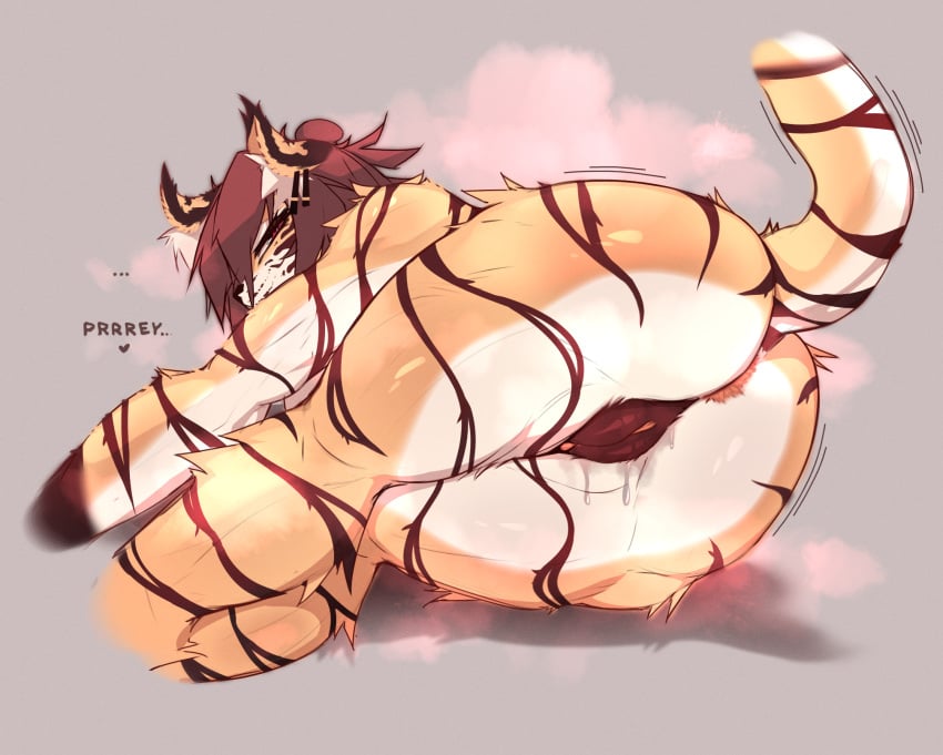 anthro ass bodily_fluids felid female fur genital_fluids genitals hair hi_res in_heat lying mammal multicolored_body multicolored_fur nude orange_body orange_fur pantherine pheromones pussy solo stripes taigazkr tail text tiger torao_(taigazkr) vaginal_fluids white_body white_fur
