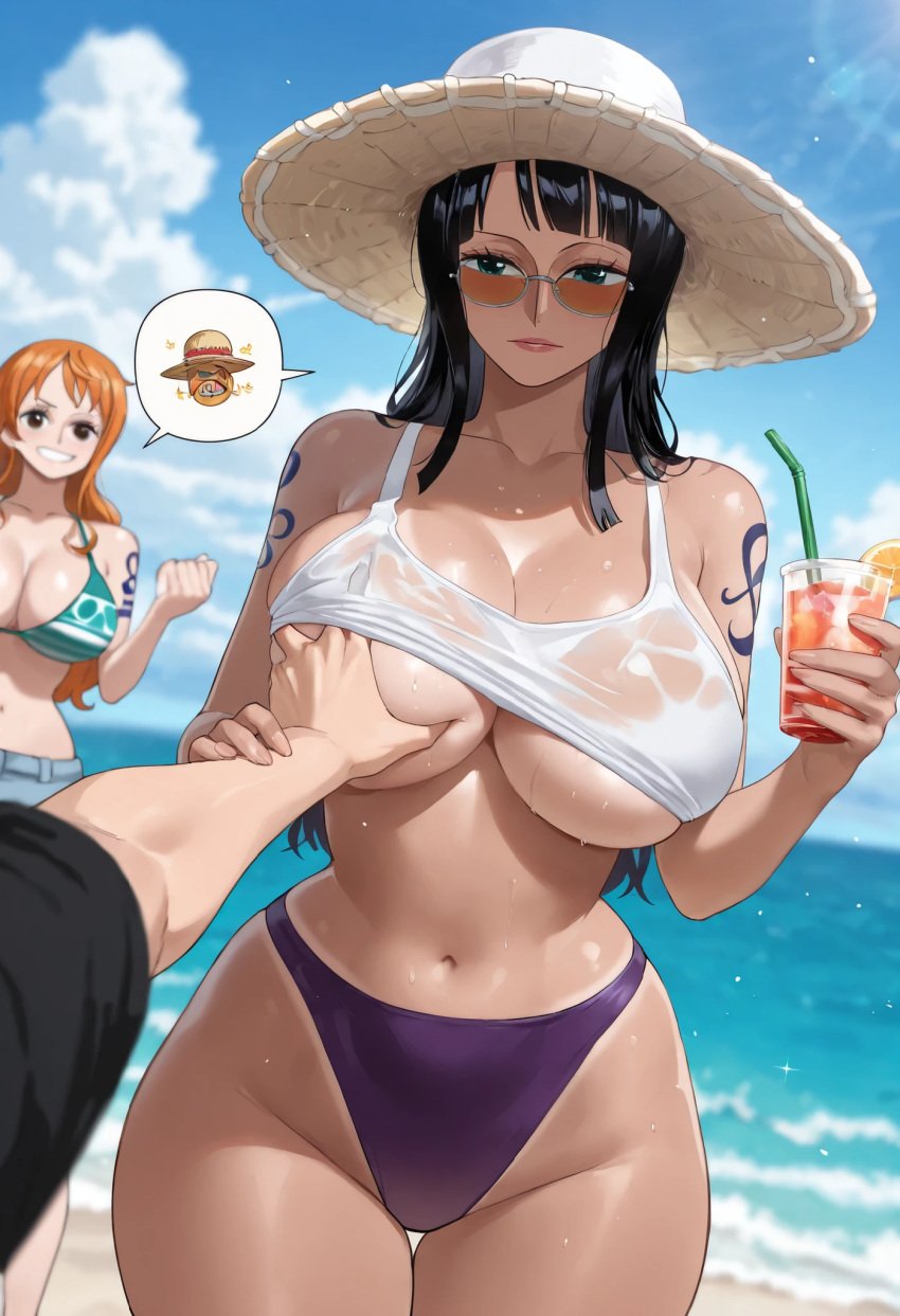 2025 2girls absurd_res absurd_resolution absurdres ai ai_art ai_assisted ai_generated beach belly black_hair blue_bikini blurry_background breast_grab breast_grab_under_clothes breasts clothing fanart female guided_breast_grab highres jeans large_breasts male nami_(one_piece) nico_robin one_piece orange_hair pov pov_arm pov_hands purple_underwear sea smile smokeye straw_hat sunglasses swimsuit tan_body tank_top tanned tanned_female tanned_skin tequila text_bubble thick_thighs vacation wet_tank_top
