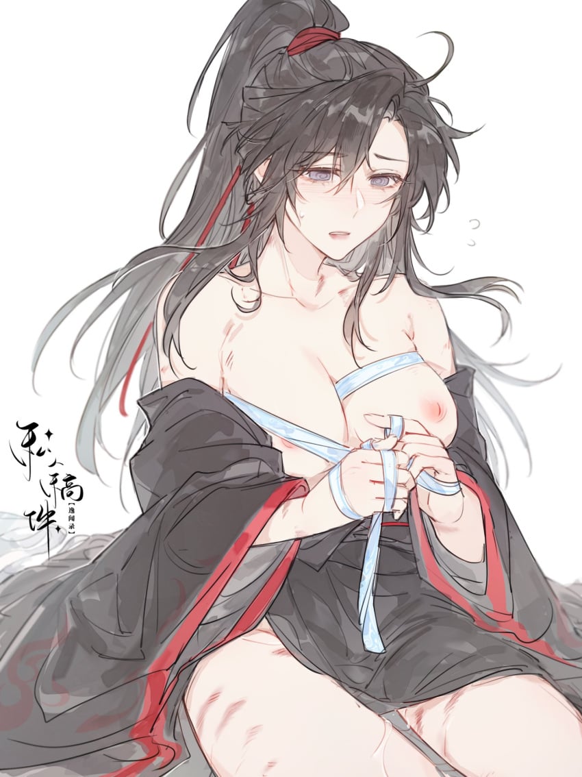 after_sex ahoge artist_request bare_legs bare_shoulders bite_mark black_hair black_hanfu black_robe blush breasts chest_sarashi chinese_clothes chinese_commentary collarbone commission dressing eyelashes female flying_sweatdrops genderswap_(mtf) hair_between_eyes hair_ribbon hanfu hickey highres holding holding_ribbon inverted_nipples large_breasts long_hair long_sleeves looking_at_viewer modao_zushi naked_robe nipples off_shoulder open_clothes open_mouth open_robe parted_lips partially_undressed ponytail purple_eyes pussy_juice pussy_juice_trail red_ribbon ribbon robe robe_partially_removed rule_63 sarashi sash second-party_source simple_background sitting solo sweat watermark wei_wuxian white_background white_ribbon wide_sleeves