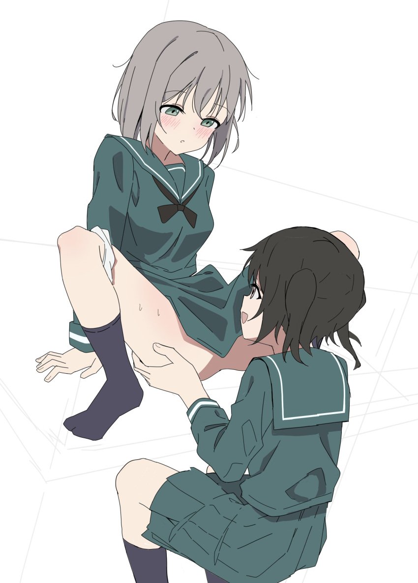 2girls absurdres black_socks blush brown_hair commentary green_eyes green_sailor_collar green_shirt green_skirt grey_hair highres kuraue_hinata long_sleeves looking_at_another medium_hair multiple_girls open_mouth panties panties_around_one_leg parted_lips pleated_skirt purple_eyes sailor_collar shirt simple_background skirt smile socks soha_(sirohase) spread_legs sweat twintails underwear white_background white_panties yama_no_susume yukimura_aoi yuri