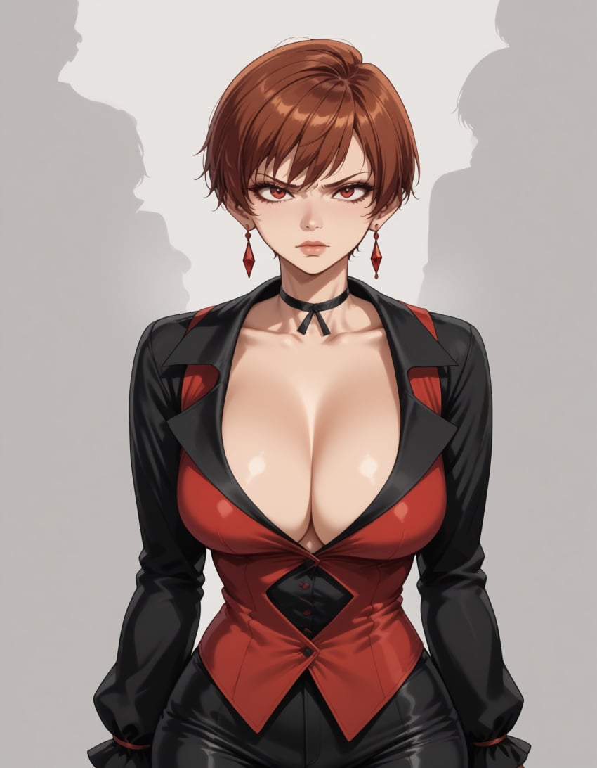 1girls ai_generated big_breasts brown_hair busty cleavage crowd curvaceous curvy earrings female huge_breasts king_of_fighters light-skinned_female light_skin looking_at_viewer red_eyes short_hair vice_(kof) voluptuous voluptuous_female wide_hips