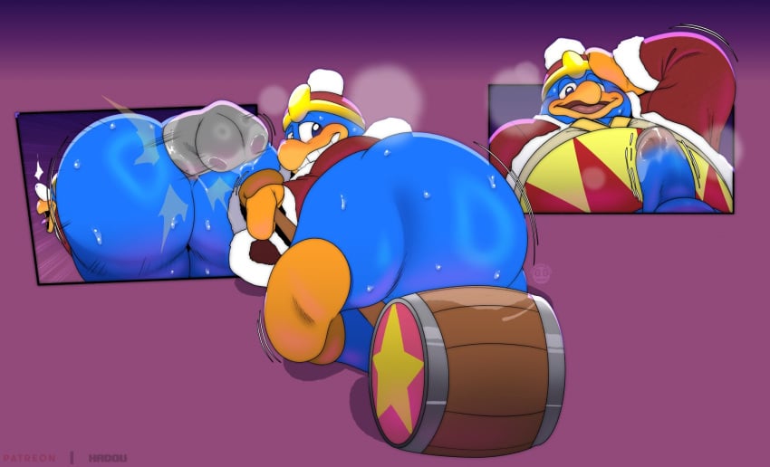 anthro ass avian balls beak big_butt bird blue_body blush blush_lines bodily_fluids breath clothed clothing digital_media_(artwork) disembodied_penis embarrassed genital_fluids genitals hammer hat headgear headwear hi_res huge_butt king_dedede kirby_(series) leaking_precum looking_at_viewer looking_back looking_back_at_viewer looking_down looking_down_at_genitalia looking_down_at_penis looking_down_at_self looking_pleasured male nervous nervous_smile nintendo on_ground open_mouth overweight panting pantsless penetration penguin penis precum precum_on_own_penis precum_on_penis satsui-n0-had0u sex shaking_butt shirt simple_background smile solo surprise surprised_expression sweat sweatdrop sweaty_butt sweaty_legs sweaty_thighs throbbing throbbing_penis tools topwear wiggling_ass