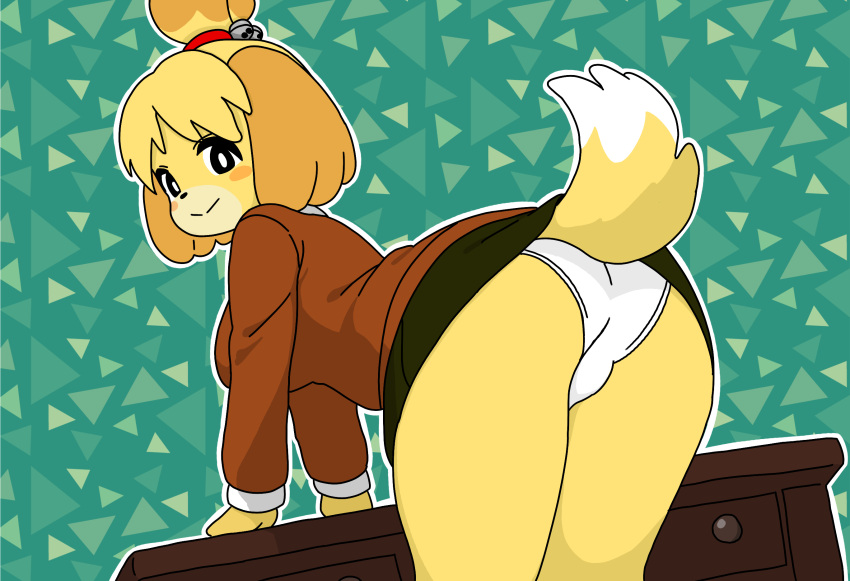 1girls animal_crossing artist_request ass butt desk female female_only female_solo hands_on_desk isabelle_(animal_crossing) looking_at_viewer panties solo solo_female solo_only tagme white_panties