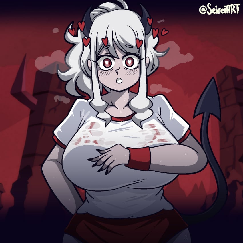 1girls artist_name big_breasts bra_visible_through_clothes breasts clothed_female demon demon_girl gym_uniform heart heart-shaped_pupils helltaker horns huge_breasts modeus_(helltaker) pale-skinned_female red_eyes seireiart solo solo_female tail watermark white_hair