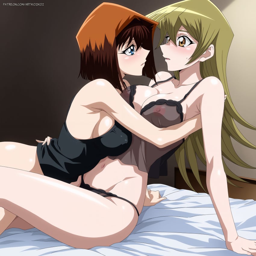 2girls accurate_art_style ai_generated alexis_rhodes alluring artkoikoi bare_legs blonde_hair blue_eyes brown_eyes brown_hair lingerie on_bed see-through_lingerie tea_gardner underwear yu-gi-oh! yuri