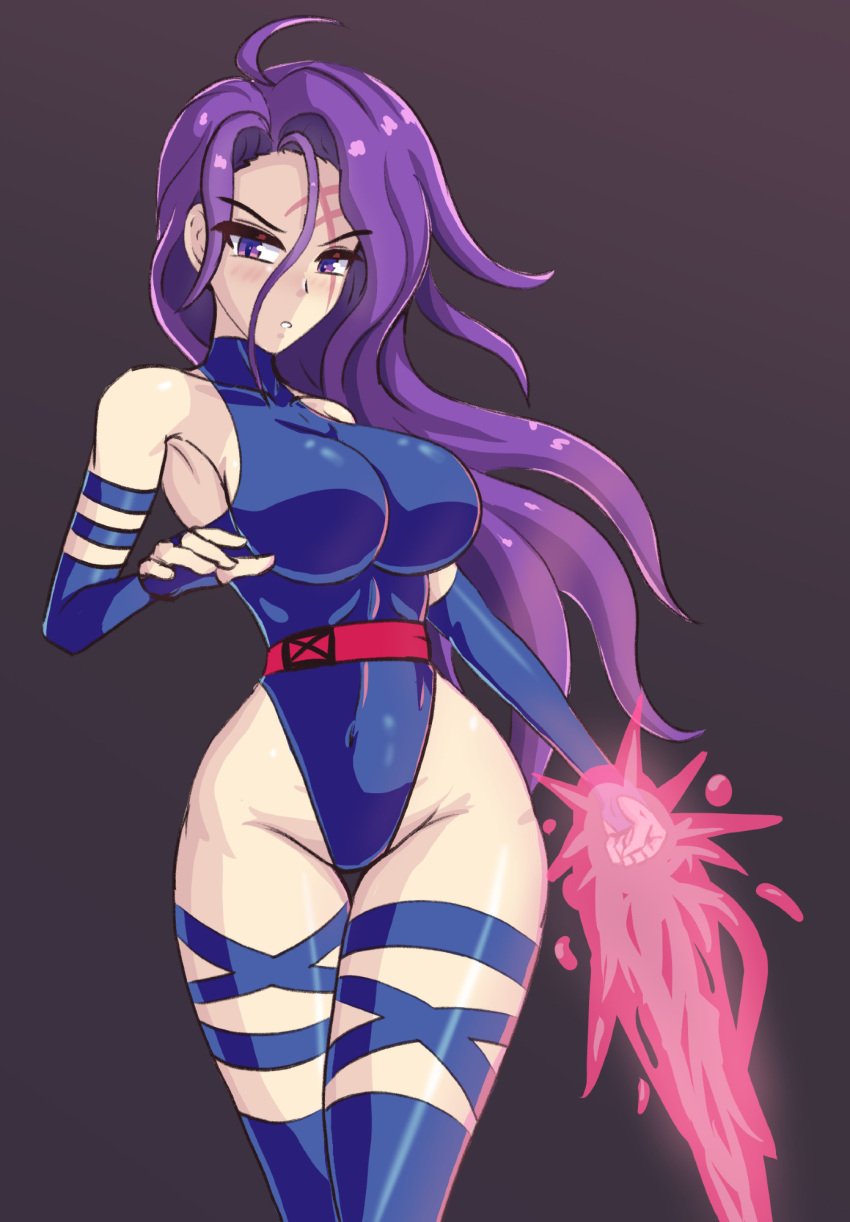 1girls artist_request big_breasts breasts cute magic marvel marvel_comics psylocke purple_eyes purple_hair solo thick_thighs thighhighs thighs x-men