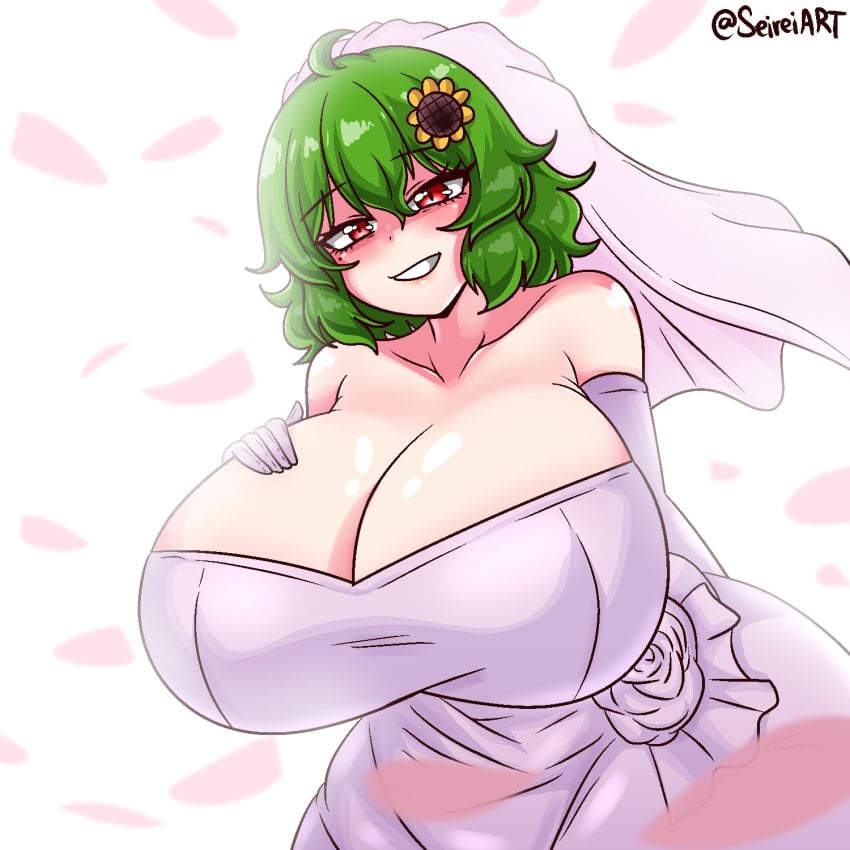 1girls artist_name big_breasts breasts cleavage clothed_female green_hair hairclip huge_breasts light-skinned_female mature_female red_eyes seireiart solo solo_female touhou watermark wedding_dress white_background yuka_kazami yuuka_kazami