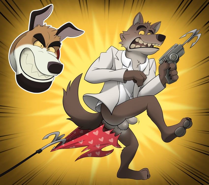 action_scene anthro ass balls bared_teeth barefoot beagle beard blazer canid canine canis clothed clothing collared_shirt domestic_dog dreamworks duo ethan_costas_(character) ethancostas facial_hair feet genitals grappling_hook hi_res hunting_dog male mammal mr._wolf_(the_bad_guys) open_mouth pantsless pawpads scent_hound shirt simple_background standing surprised_expression the_bad_guys topwear torn_clothing wolf yellow_eyes