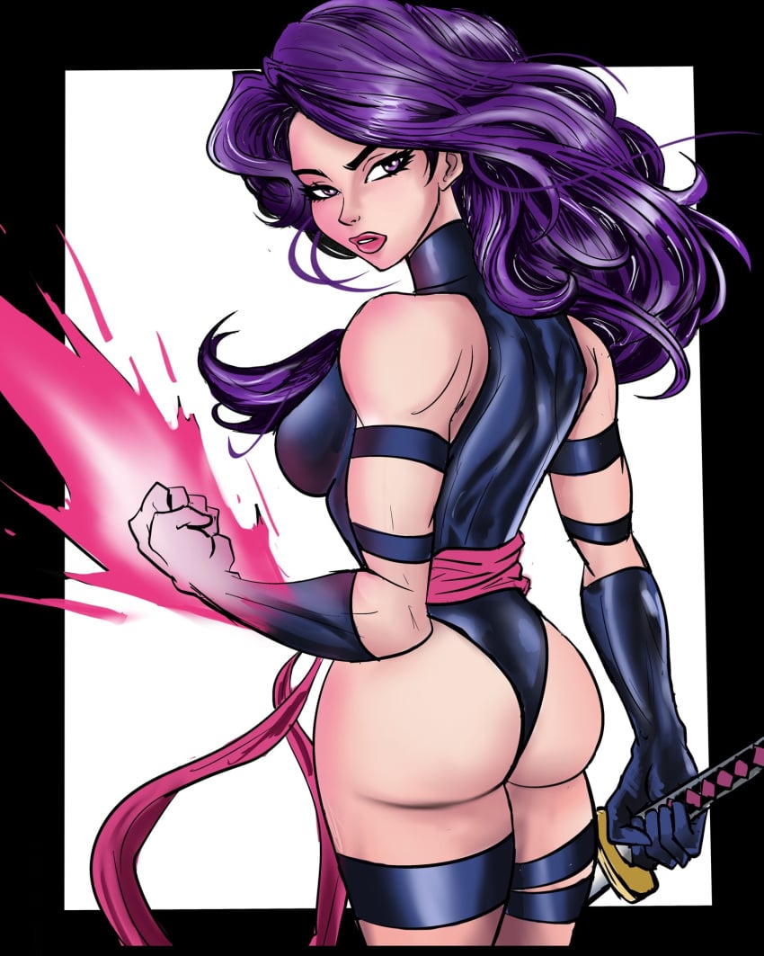 1girls alexbarrios ass ass_focus big_ass holding_weapon looking_back marvel marvel_comics marvel_rivals mutant_(marvel) psylocke psylocke_(marvel_rivals) purple_eyes purple_hair solo sword vengeance_psylocke x-men