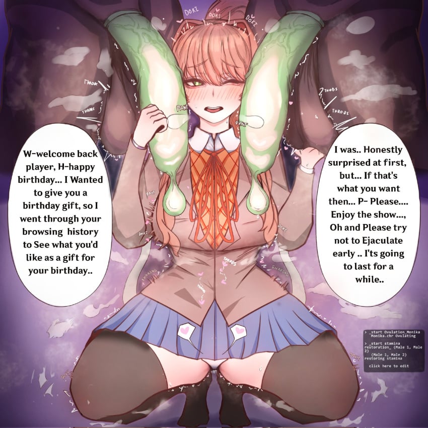 1girls 2boys alternate_version_available before_sex big_balls big_penis clothed_female_nude_male condom condom_on_penis cuckold cuckolding dark-skinned_male dark_skin doki_doki_literature_club english_text filled_condom imminent_sex interracial kinkylingky large_penis light-skinned_female light_skin long_hair looking_at_viewer monika_(doki_doki_literature_club) netorare netorase ntr one_eye_closed penis skirt speech speech_bubble squatting text text_bubble thighhighs uniform used_condom