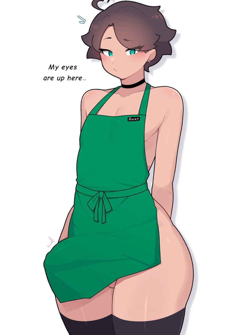 1boy apron brown_hair cute_face cute_male erection_under_clothes femboy femboy_only feminine_male girly green_apron green_eyes hands_behind_back high_socks hourglass_figure huge_cock hung_femboy oc otoko_no_ko penis_visible_through_pants roixy_nsfw sissy solo_femboy starbucks text thick_thighs thighs