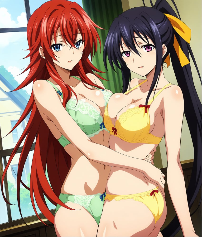 2females ai_generated akeno_himejima big_ass black_hair breast_press curvy_female dominant_females female_only green_bikini green_bra green_panties high_school_dxd hugging_another large_breasts light-skinned_female long_hair red_hair rias_gremory wakih yellow_bikini yellow_bra yellow_panties yuri