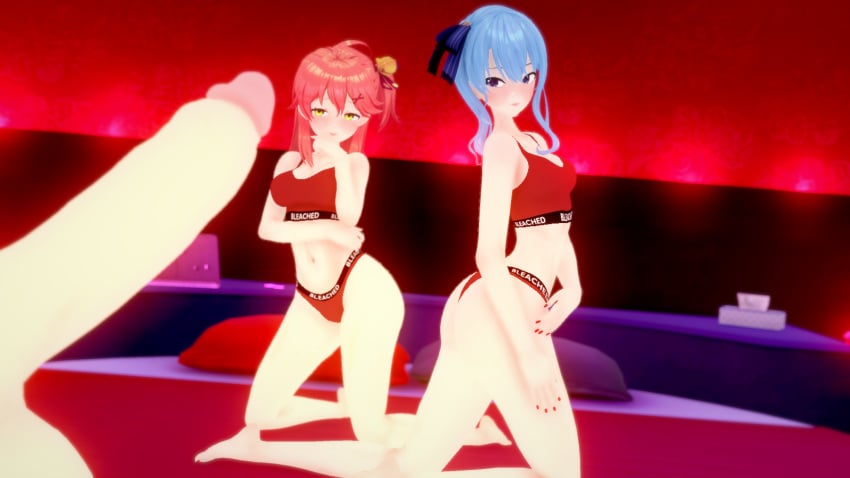 1boy 2girls 3d ass bed bleached bleached_clothing blue_hair blush breasts hololive hololive_gen_0 hololive_japan hoshimachi_suisei koikatsu light-skinned_female light-skinned_male light_skin looking_at_penis on_knees penis penis_awe pink_hair red_nails sakura_miko sports_bra underwear underwear_only virtual_youtuber