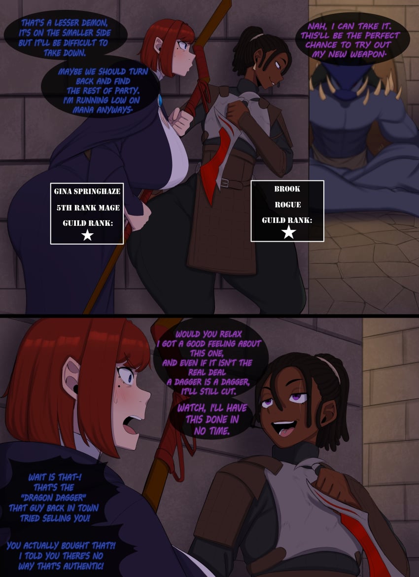 1girls 2boys blue_skin clothing dark-skinned_femboy dark-skinned_male dark_skin dialogue female femboy mage male oc original_character original_characters rogue sissy text thick_thighs wide_hips yamathegod