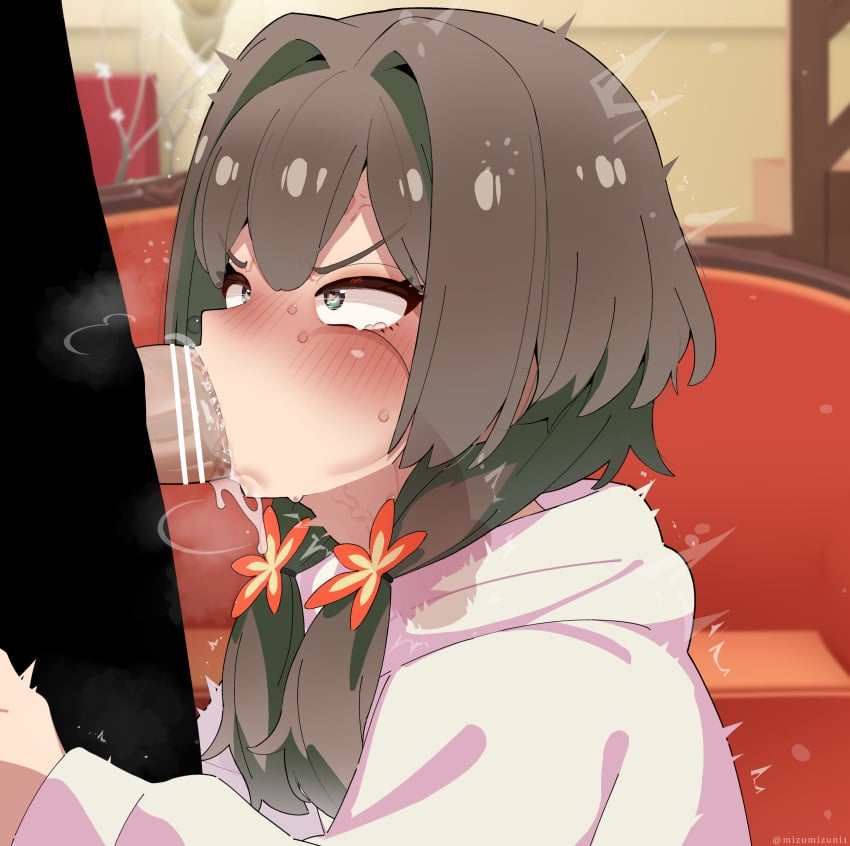 1boy absurdres bar_censor black_jacket blurry blurry_background blush brown_hair censored deepthroat fellatio female highres jacket long_sleeves masaki_(mayonaka_punch) mayonaka_punch medium_hair mizumizuni oral penis solo_focus straight sweat tears upper_body white_jacket