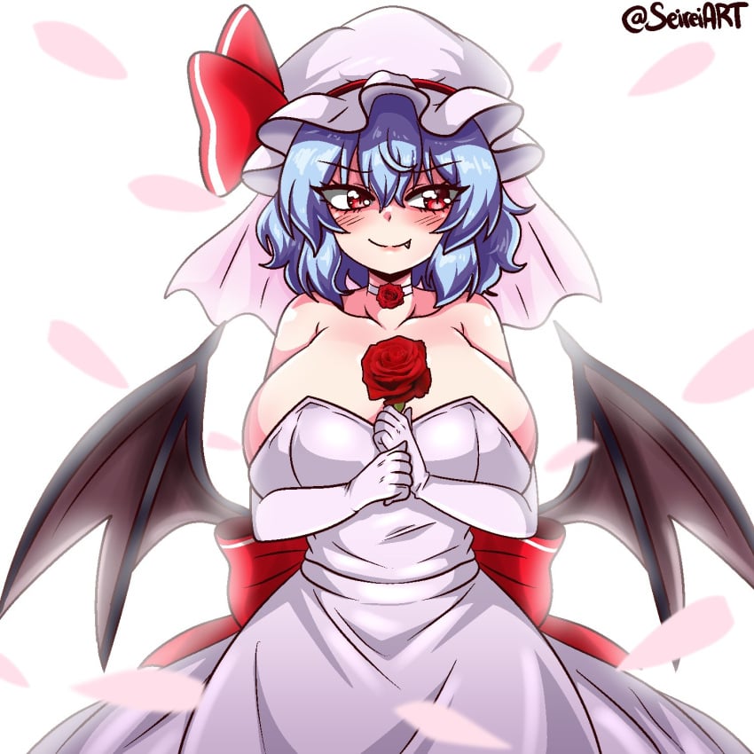 1girls artist_name big_breasts blue_hair blush_lines breasts cleavage clothed_female cute_fang female hat holding_flower huge_breasts light-skinned_female oerba_yun_fang red_eyes remilia_scarlet seireiart solo solo_female touhou vampire vampire_girl watermark wedding_dress white_background wings