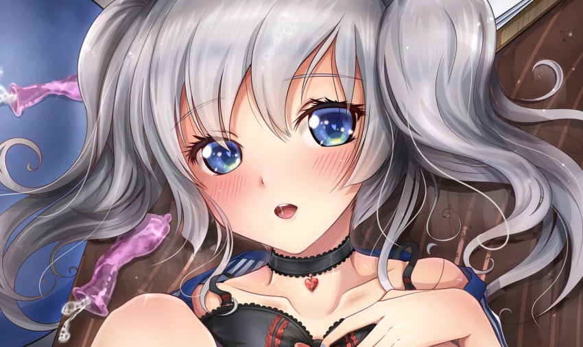 after_sex beret black_bra blue_eyes blush bra choker chunyan condom dakimakura eyebrows_visible_through_hair female from_above hat heart heart-shaped_pupils highres kantai_collection kashima_(kantai_collection) leg_up long_hair looking_at_viewer portrait silver_hair symbol-shaped_pupils tied_hair twintails underwear used_condom wavy_hair