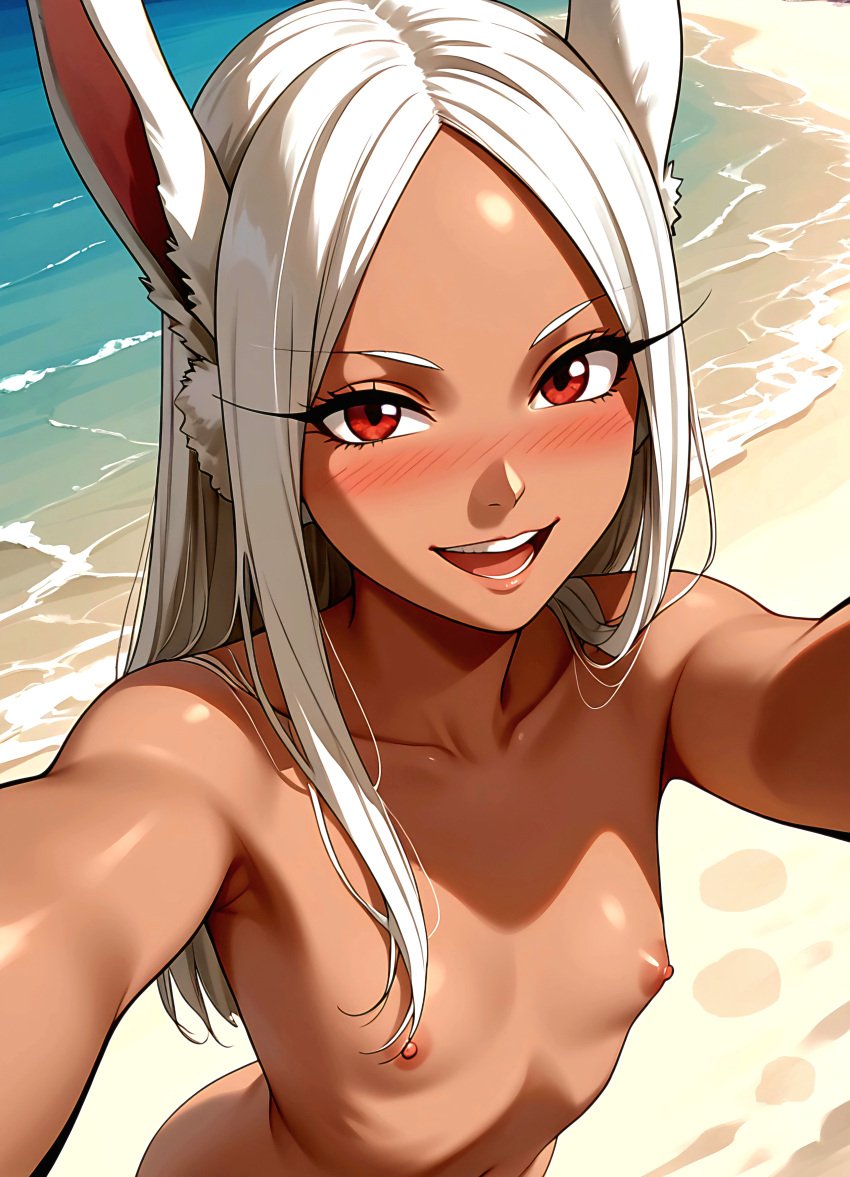 ai_generated beach blush bunny_ears cute cute_smile dark_skin from_above looking_at_viewer mirko miruko my_hero_academia nude open_mouth_smile petite reaching_towards_viewer red_eyes rumi_usagiyama small_breasts smile taking_selfie white_hair