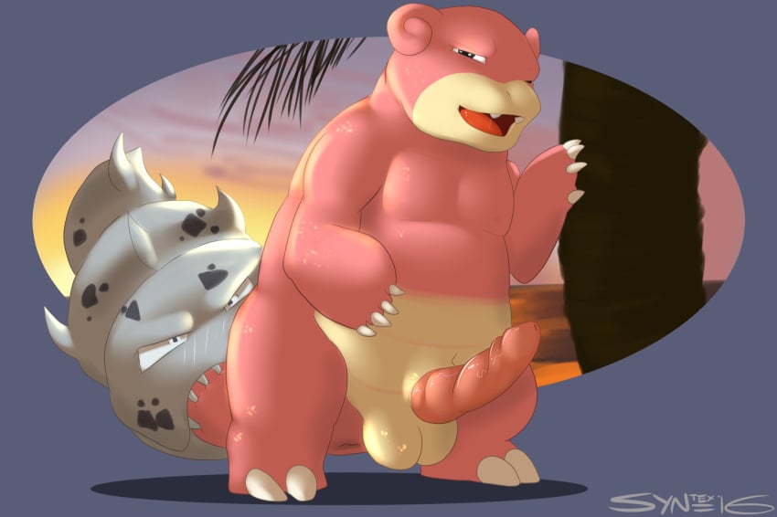 1boy anthro anus belly bitten_tail black_eyes blush claws erection fangs feet front_view furry half-closed_eyes looking_at_viewer male male_only mammal nintendo nude open_mouth palm_tree penis pokemon seductive signature slightly_chubby slowbro solo standing sunset syntex testicles tree unusual_penis video_games