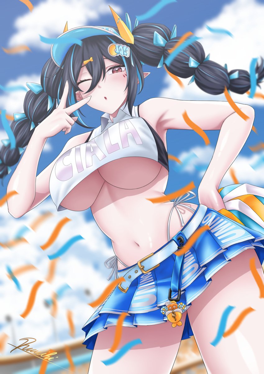 1girls belly_button black_hair breasts cheerleader cheerleader_uniform confetti female female_only huge_breasts light-skinned_female light_skin one_eye_closed outdoors pixela_legends pixela_project ramiki red_eye skirt solo stadium twintails umino_ciala underboob v virtual_youtuber wink