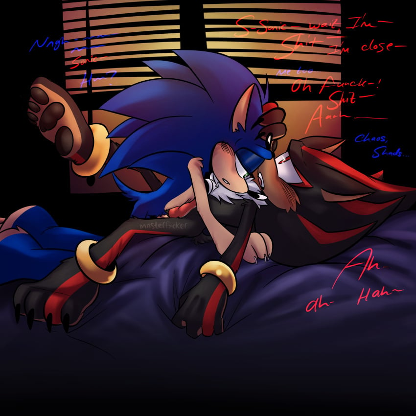 anal anal_sex bed bedroom bedroom_eyes dialogue furry gay gentle gripping_sheets mnsterfxcker romantic romantic_ambiance romantic_couple shadow_the_hedgehog sonadow sonic_(series) sonic_the_hedgehog sonic_the_hedgehog_(series) sunset