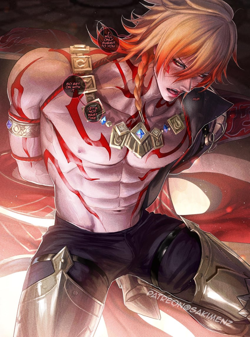 1boy honkai:_star_rail huge_breasts kneeling male male_focus male_only mydei_(honkai:_star_rail) panting sakimichan submissive submissive_male tattoos