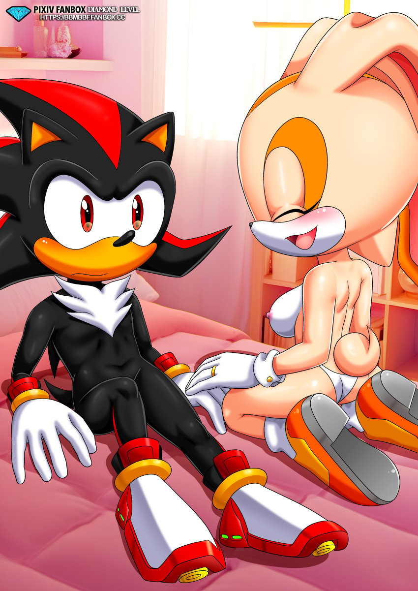 1boy 1girls 4kids_entertainment anthro bbmbbf bed blush breasts closed_eyes cream_the_rabbit female male male/female mobius_unleashed nipples nude open_mouth palcomix pietros_secret_club sega shadow_the_hedgehog shoes sonic_(series) sonic_the_hedgehog_(series) sonic_x tongue underwear