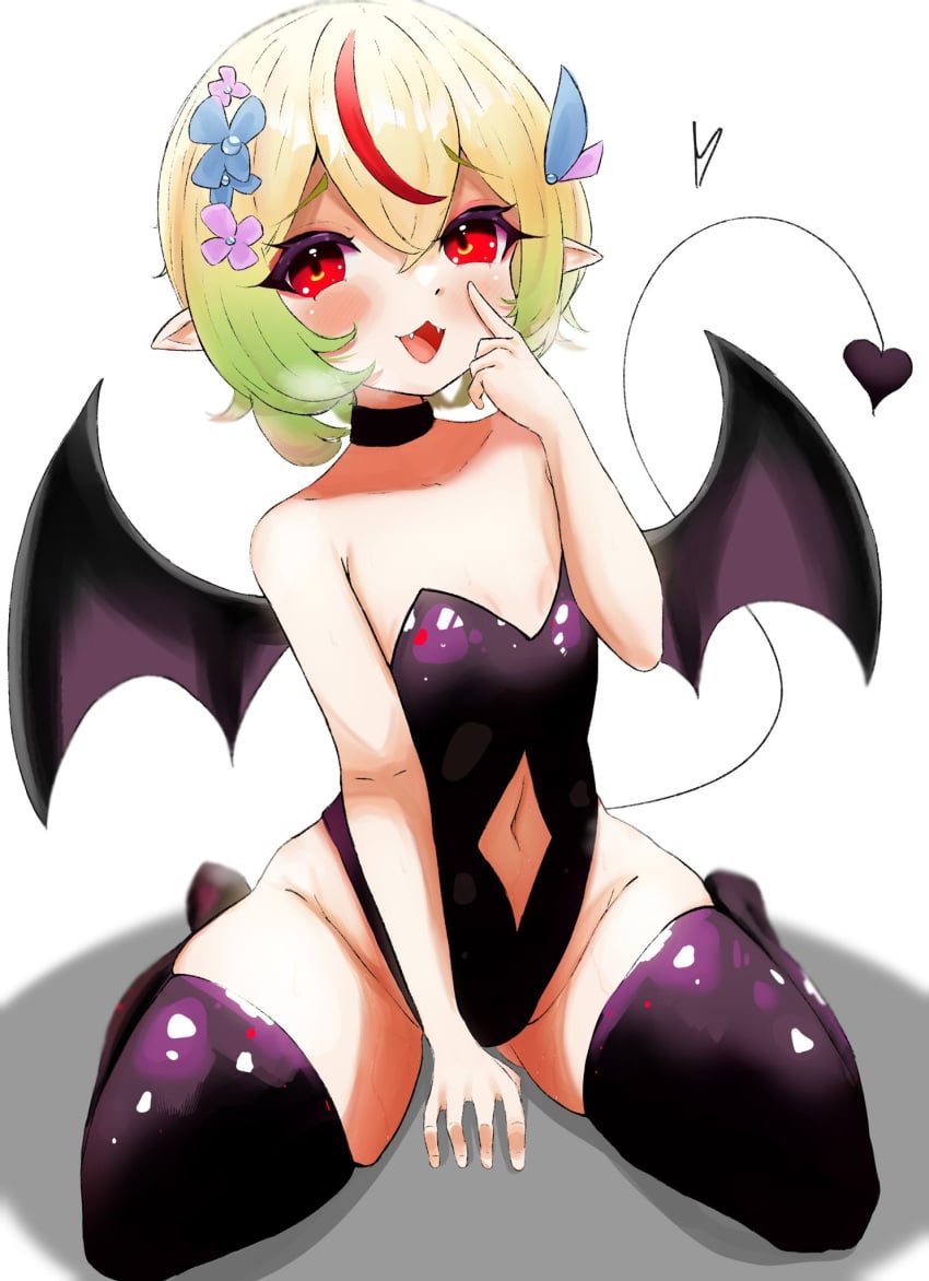 aguni bat_wings blonde_hair flower_in_hair heart_shaped_tail idol_corp multicolored_hair red_eyes red_hair ruby_runeheart succubus thick_thighs twintails virtual_youtuber