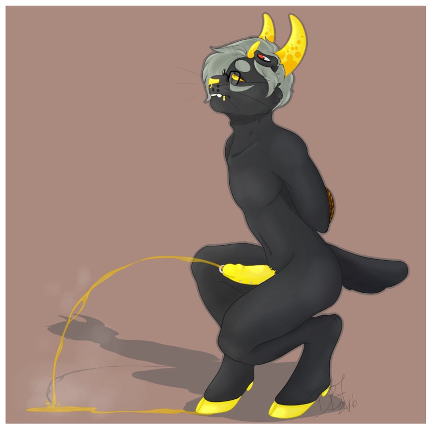 antelope black_fur bound drooling ear_piercing eyewear feline fur gauged_ear glasses hooves horn hybrid ket_(kitket) male mammal original_character peeing penis piercing pukeytwink restraints saliva simple_background teeth urine watersports yellow_nose yellow_penis