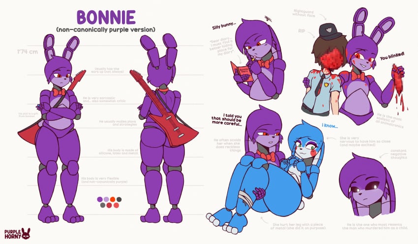 absurd_res animatronic anthro blush bodily_fluids bonnie_(fnaf) clothing death female five_nights_at_freddy's five_nights_at_freddy's_2 gore green_eyes group guitar hat headgear headwear hi_res huge_filesize human lagomorph leporid machine male male_death mammal musical_instrument nightguard pencil_(object) plucked_string_instrument purple_body purplehorny rabbit red_eyes robot scottgames string_instrument sweat sweatdrop thick_thighs toy_bonnie_(fnaf) trio