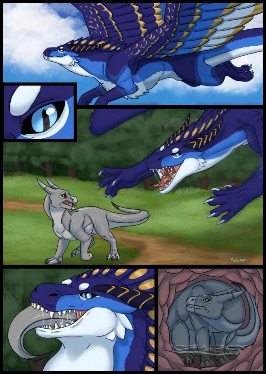 aelion_(meloneni) comic dragon feral flying hi_res inside_stomach male meloneni mythological_creature mythological_scalie mythology open_mouth scalie size_difference soft_vore tail vore wingless_dragon wings