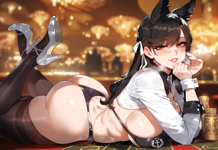 1girls ai_generated animal_ears ass ass ass_bigger_than_head ass_focus atago_(azur_lane) azur_lane bangs big_ass big_breasts big_butt big_thighs bikini black_bikini black_hair black_legwear blush breasts brown_eyes butt_focus casino curvy curvy_figure extra_ears eyebrows_visible_through_hair female hair_ribbon hi_res high_heels huge_ass huge_breasts huge_butt huge_thighs large_breasts long_hair looking_at_viewer lying milf miyuai mole mole_under_eye nai_diffusion on_stomach race_queen ribbon skindentation smile solo stable_diffusion swimsuit thick thick_ass thick_butt thick_hips thick_legs thick_thighs thighhighs thighs voluptuous voluptuous_female white_ribbon wide_hips wrist_cuffs