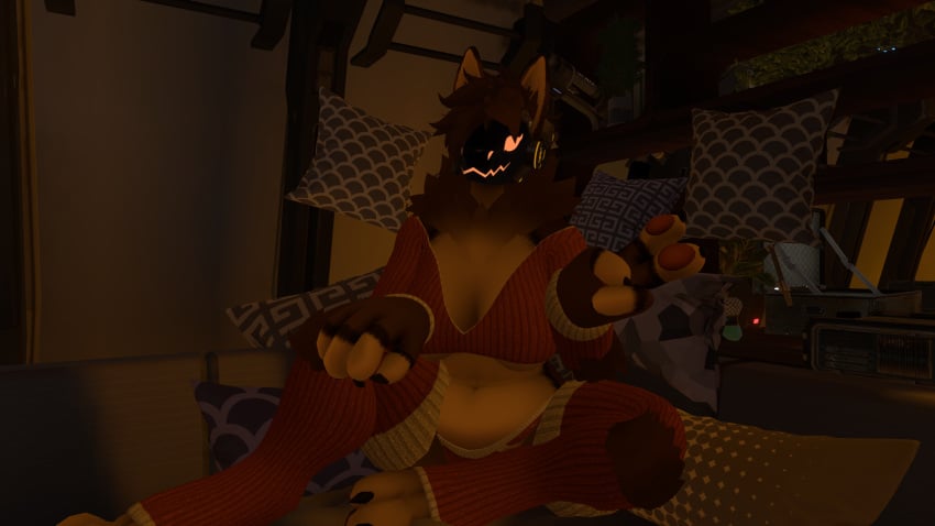 anthro_only boob_window breasts dark_brown_fur fluffy hands_on_knee light_brown_hair mamagen paw_beans paws peace_sign pillows screen_face sitting_on_couch slightly_chubby_female vrchat vrchat_avatar wool_clothing