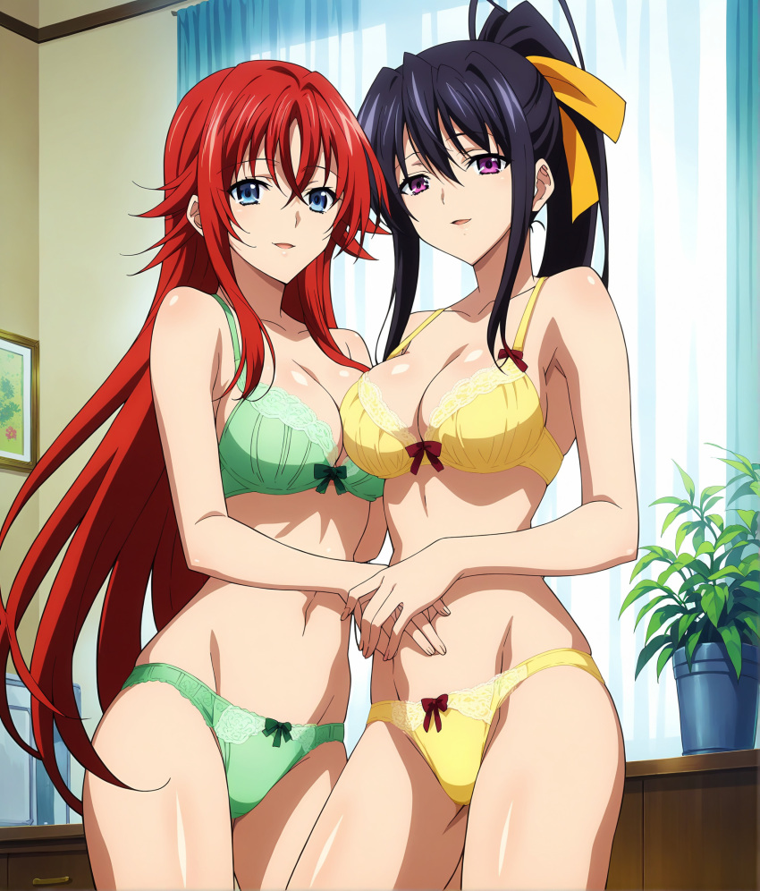 2females ai_generated akeno_himejima black_hair breasts_together curvy_female female_only green_bikini green_bra green_panties high_school_dxd holding_hands large_breasts light-skinned_female long_hair red_hair rias_gremory wakih yellow_bikini yellow_bra yellow_panties yuri