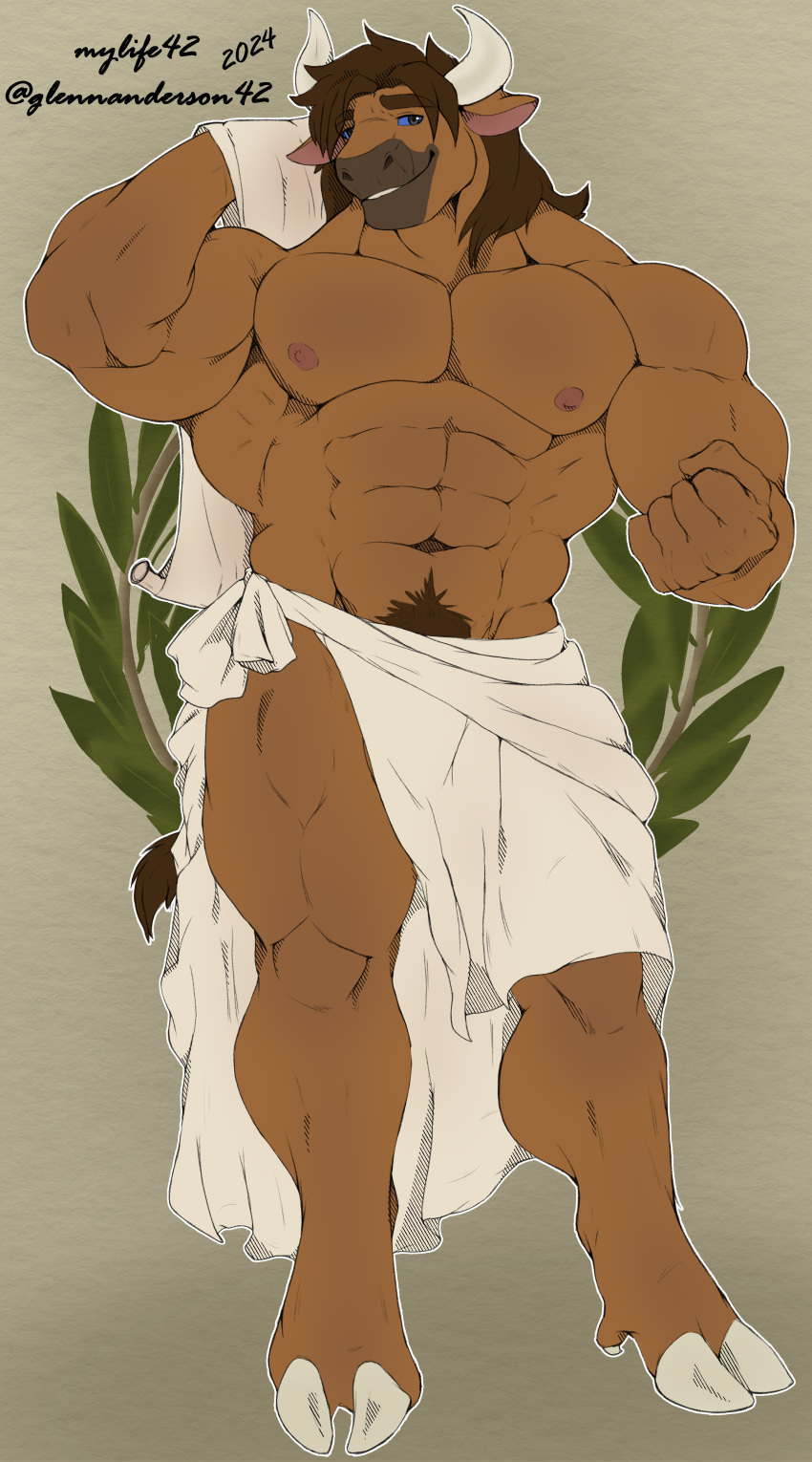 2024 absurd_res anthro barely_visible_genitalia barely_visible_penis biceps big_muscles blue_sclera bovid bovine european_mythology flexing genitals glennanderson42 greek_mythology hi_res horn male mammal minotaur muscular muscular_male mythology navel nipples penis pubes smile solo