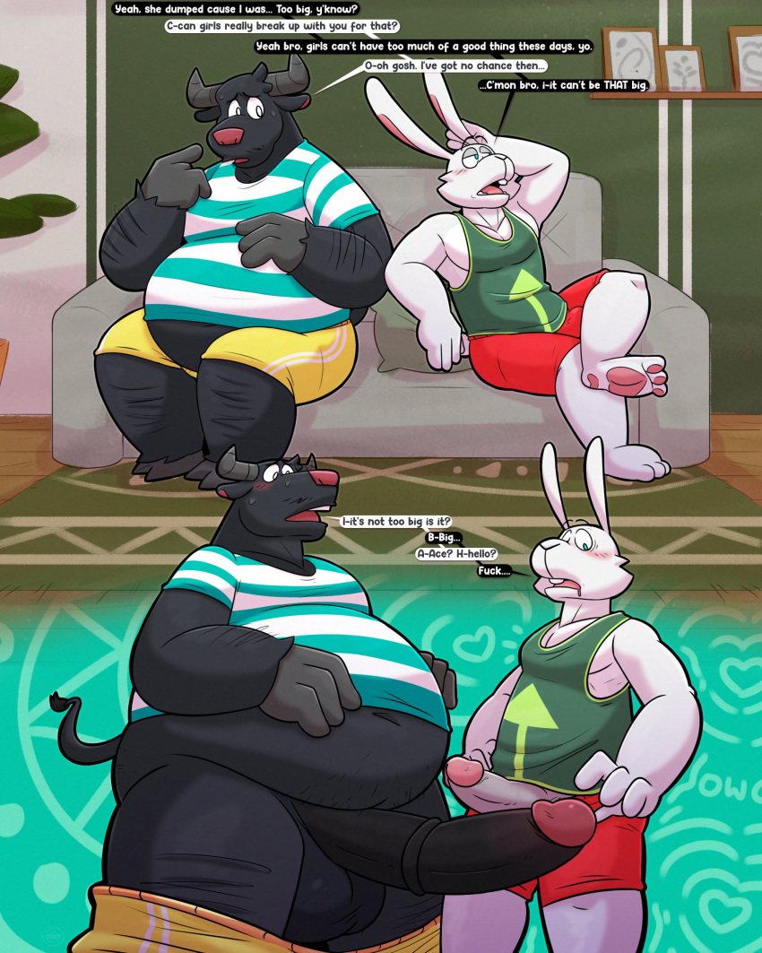 2024 absurd_res ace_cottontail anthro balls belly big_belly big_penis black_body blush bottomwear bovid bovine cattle clothing duo erection furniture genitals hi_res kemono lagomorph leothelionel leporid male male/male mammal overweight overweight_male penis rabbit red_nose shirt shorts sitting sofa the_human_heart_(game) topwear tyler_laurent white_body