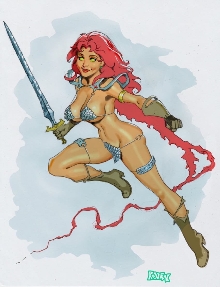 1girls boots chainmail chainmail_bikini crossover_cosplay dc dc_comics gloves green_eyes huge_breasts koriand'r long_hair marvel marvel_comics red_hair red_sonja_(comics) red_sonja_(cosplay) ronry_drawdude starfire tamaranean teen_titans voluptuous