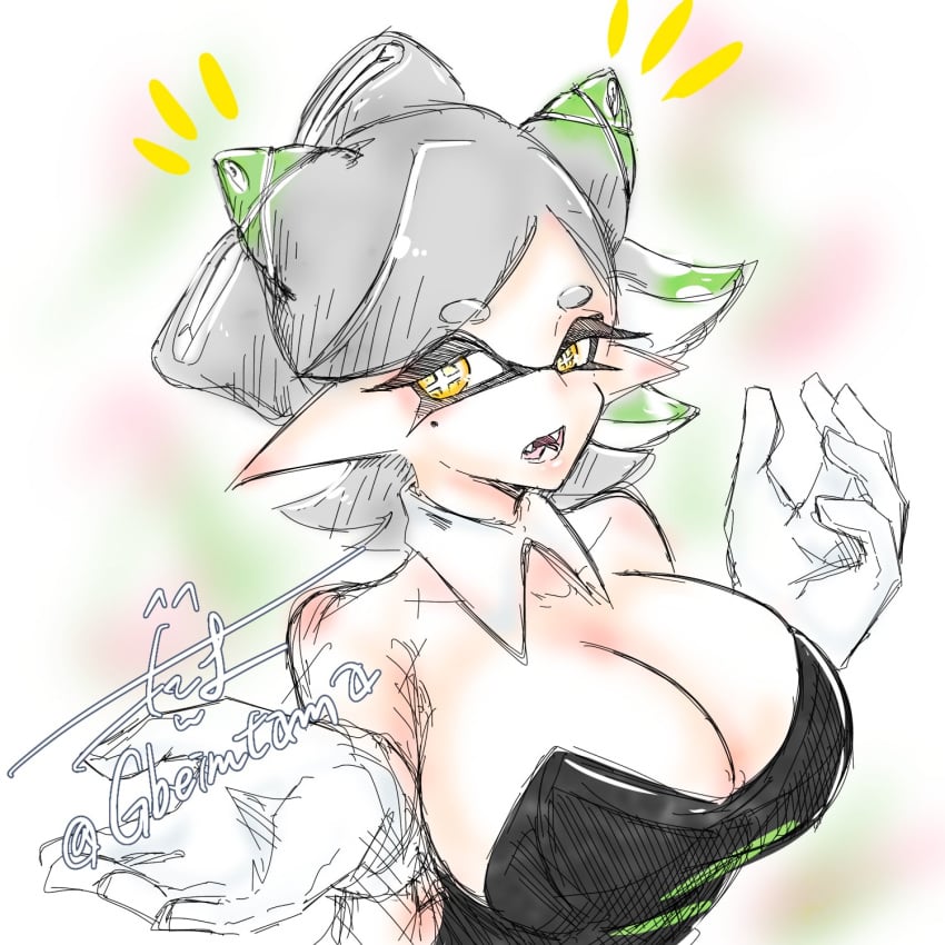 1girls artist_name big_breasts breasts cleavage detached_collar gbeimtama gloves inkling inkling_girl looking_at_viewer marie_(splatoon) mole mole_under_eye nintendo open_mouth pointy_ears splatoon splatoon_1 tentacle_hair