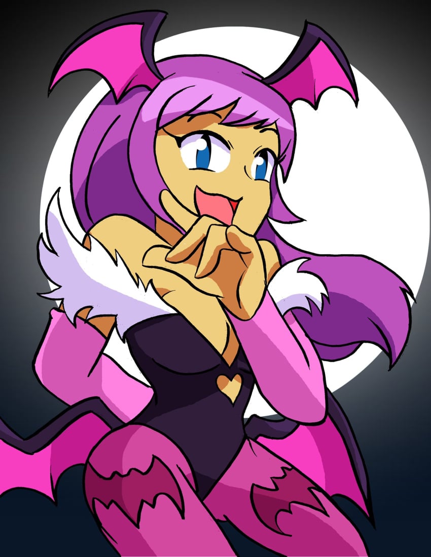 breasts capcom cleavage crossover crossover_cosplay dark_skin darkstalkers datwondoude female large_breasts leotard long_hair moon morrigan_aensland morrigan_aensland_(cosplay) night open_mouth pantyhose purple_hair shantae shantae_(character) skin_tight smile solo succubus tagme wayforward wings