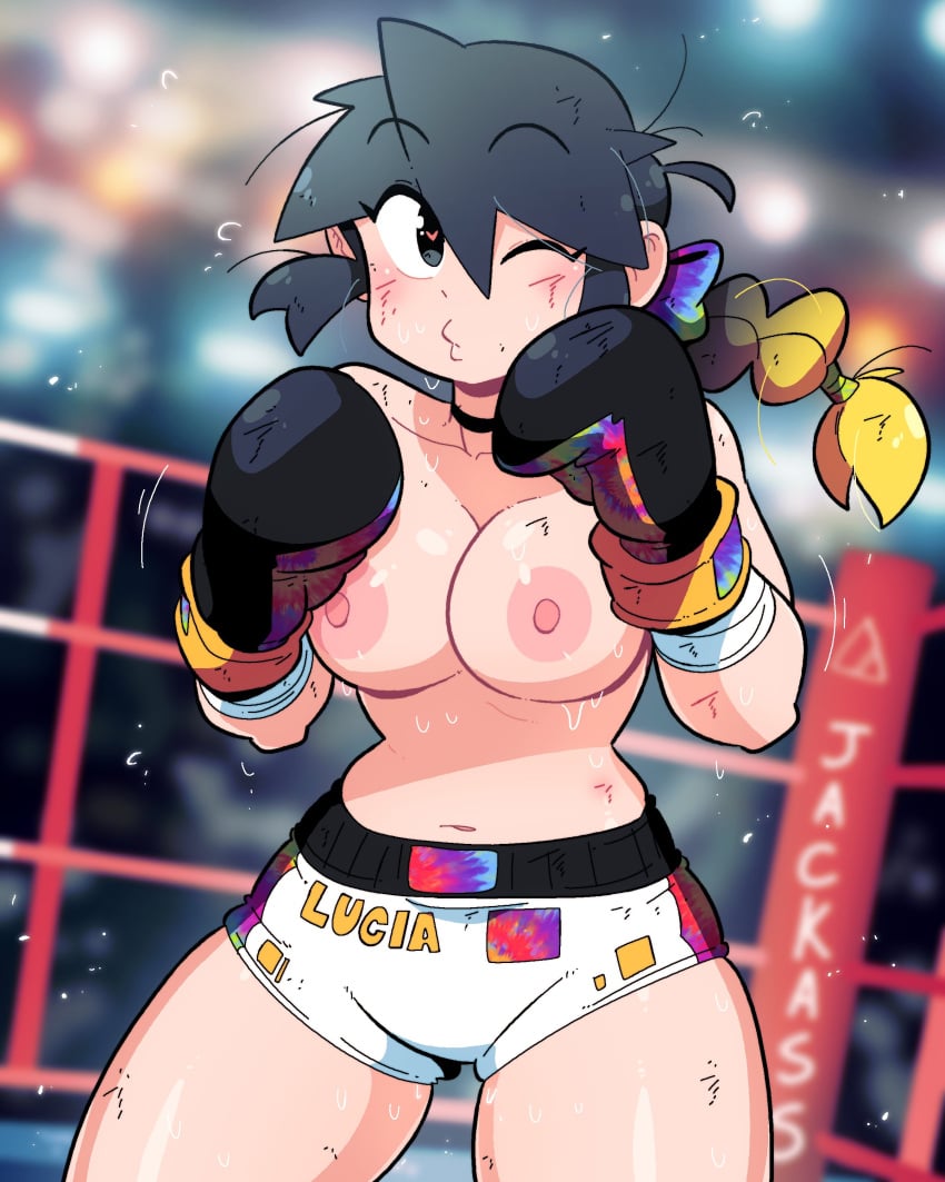 1girls 3d black_eyes black_hair boxing_gloves boxing_shorts breasts breasts_out choker english_text female heart-shaped_pupils light_skin looking_at_viewer lucia_(scott_malin) nipples original original_character scott_malin solo solo_female text topless topless_female