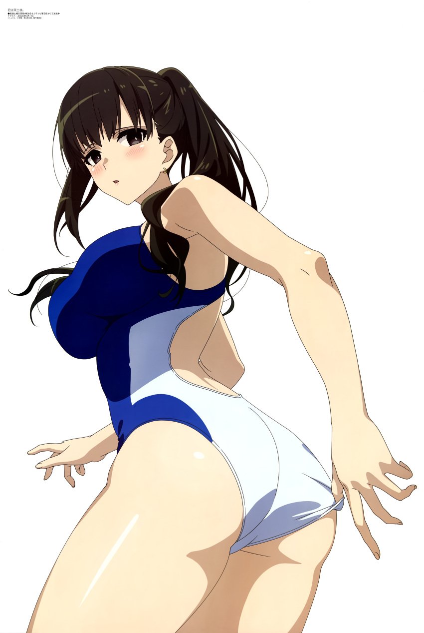 absurdres adjusting_clothes adjusting_swimsuit artist_request ass black_hair blue_mizugi blue_one-piece_swimsuit blush breasts earrings female highres jewelry kimi_wa_meido-sama large_breasts long_hair looking_at_viewer magazine_scan megami_magazine mizugi official_art one-piece_swimsuit parted_lips ponytail scan shiny_skin simple_background solo swimsuit thighs two-tone_swimsuit two_tone_swimwear white_background white_one-piece_swimsuit yuki_(kimi_wa_meido-sama) yuki_yokoya