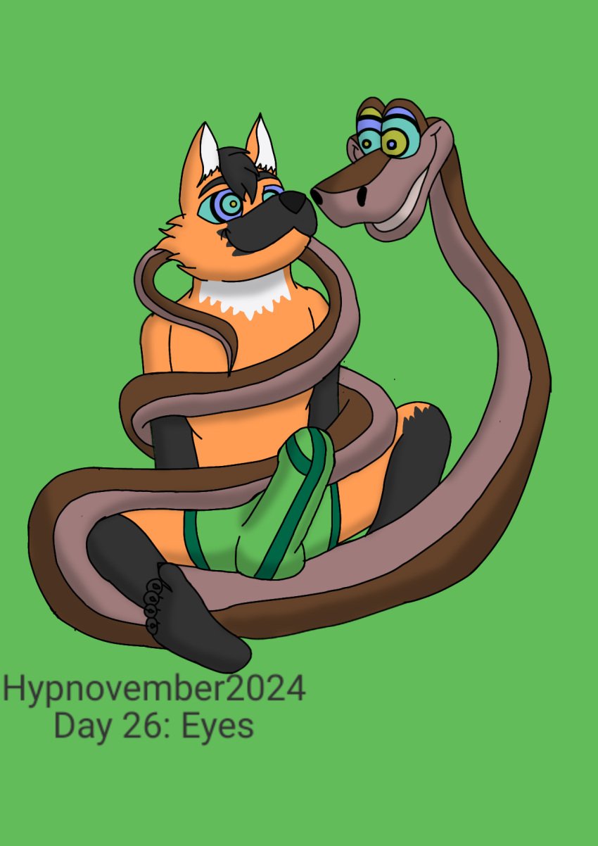 anthro briefs bulge canid canine clothing detailed_bulge duo erection erection_under_briefs erection_under_clothing feet feral genital_outline hi_res humanoid hypnosis hypnotic_eyes hypnovember hypnovember2024 kaa lenderednel male male/male mammal maned_wolf mind_break mind_control penis_outline reptile scalie silly_face smile snake the_jungle_book underwear