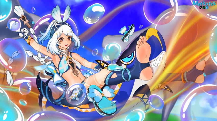 bikini blue_hair bubble feet female fish_tail flying foot_focus foot_up genshin_impact merkotek mualani_(genshin_impact) orange_eyes shark_tail sky soles swimsuit tail toes water white_hair