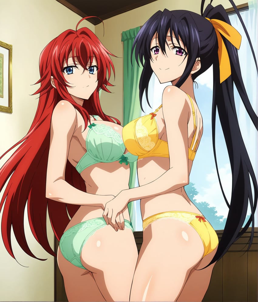 2females ai_generated akeno_himejima big_ass black_hair curvy_female dominant_females female_only green_bikini green_bra green_panties hand_holding high_school_dxd large_breasts light-skinned_female long_hair red_hair rias_gremory wakih yellow_bikini yellow_bra yellow_panties yuri