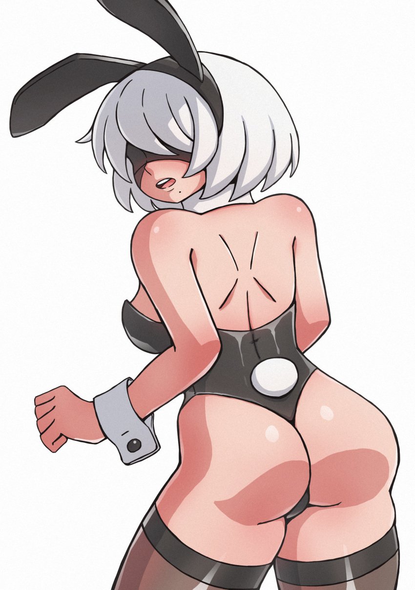 ass back back_view beauty_mark big_ass big_butt black_clothing blindfold blindfolded bob_cut breasts bunny_ears bunny_girl bunny_tail bunnysuit closed_hands female female_only long_socks looking_at_viewer nier:_automata nier_(series) open_clothes open_mouth short_hair shoulder_length_hair shoulders simple_background solo solo_female teeth tixxto tongue white_background white_hair yorha_2b