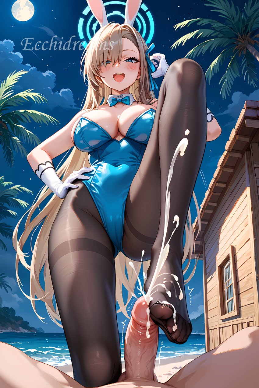 1boy 1girls ai_generated asuna_(blue_archive) asuna_(bunny)_(blue_archive) black_legwear blonde_hair blue_archive blush bunny_ears bunny_girl bunnysuit cum cum_drip cum_on_feet cumshot ecchidreams ejaculation femdom foot_fetish foot_focus footjob footjob_with_legwear halo hand_on_hip happy hi_res large_breasts legwear long_hair open_mouth pantyhose penis pov stable_diffusion tight_clothing