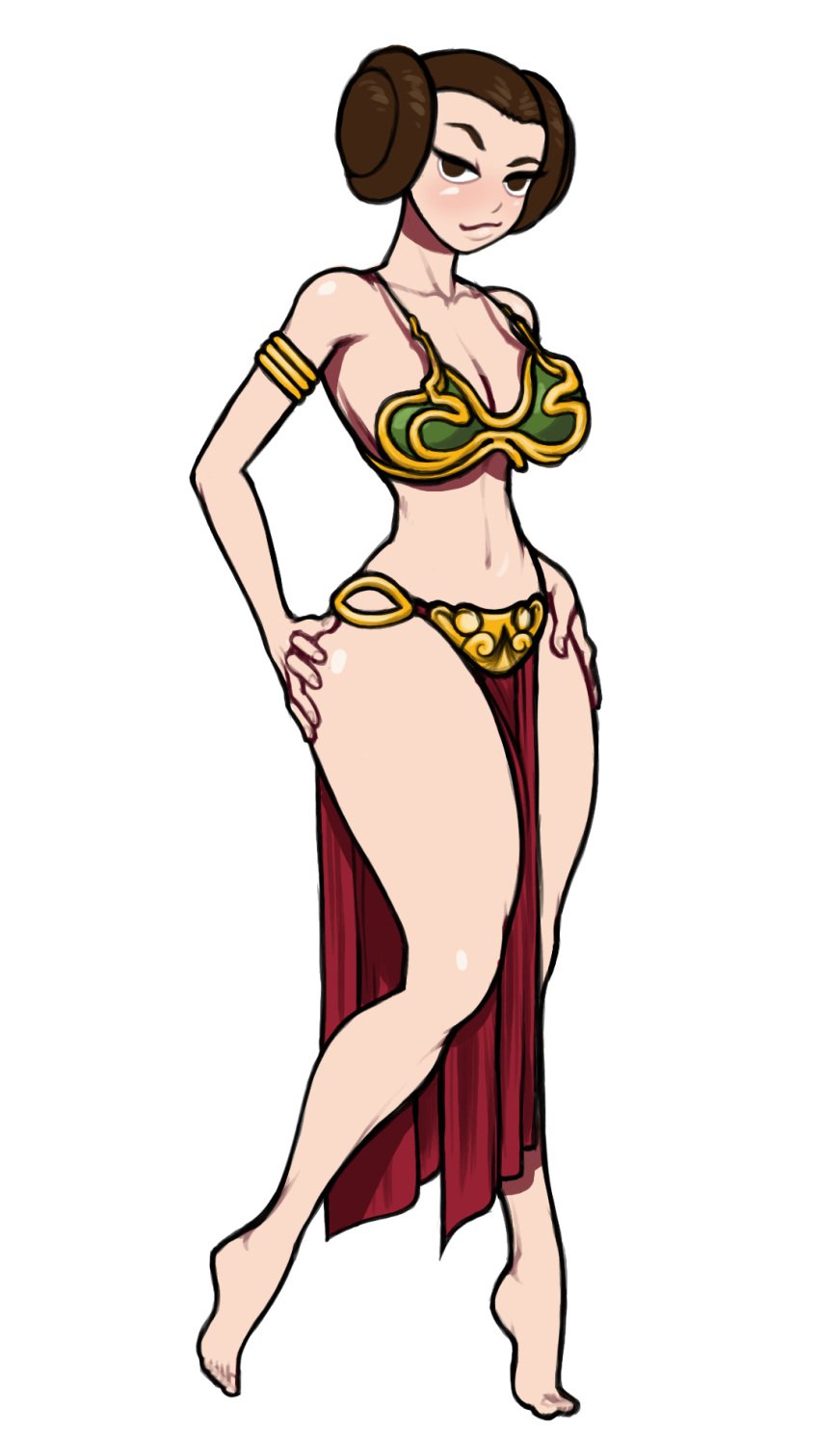 alternate_breast_size barefoot belly_dancer belly_dancer_outfit brown_eyes brown_hair cleavage hairbun harem_girl harem_outfit huge_breasts loincloth looking_at_viewer princess_leia_organa slave slave_bikini slave_leia slave_outfit slavegirl socarter star_wars thick_thighs voluptuous